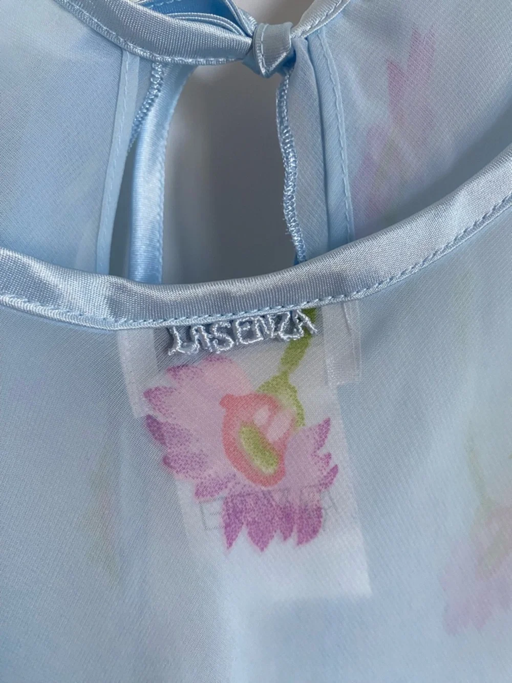 Y2k Vintage Sheer Light Blue Floral Open Front Slip Top with Tie Bow Detail - Picture 5 of 8